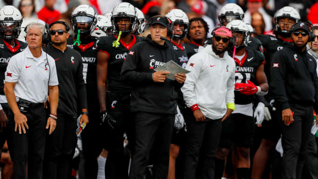Oct 21, 2023; Cincinnati, Ohio, USA; Cincinnati Bearcats head coach Scott Satterfield looks on during the first half against the Baylor Bears at Nippert Stadium. Mandatory Credit: Katie Stratman-USA TODAY Sports